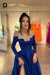 35013 - A-Line Halter Beads Side Split Pleated Long Sleeves Long Prom Evening Dress
