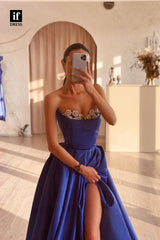 35014 - A-Line Strapless Beads High Split Sleeveless Long Prom Evening Dress