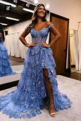 35021 - Classic Strapless Lace Appliques Side Split Long Prom Evening Gown
