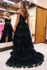 35021 - Classic Strapless Lace Appliques Side Split Long Prom Evening Gown