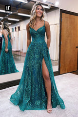 35023 - A-Line Side Split Appliques V-Neck Sleeveless Long Prom Evening Dress