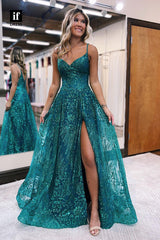 35023 - A-Line Side Split Appliques V-Neck Sleeveless Long Prom Evening Dress