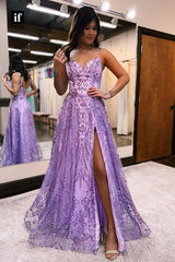 35023 - A-Line Side Split Appliques V-Neck Sleeveless Long Prom Evening Dress