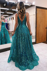 35023 - A-Line Side Split Appliques V-Neck Sleeveless Long Prom Evening Dress