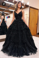 35024 - A-Line Spagnetti Straps V-Neck Tiered Tulle Long Prom Evening Gown