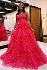 35024 - A-Line Spagnetti Straps V-Neck Tiered Tulle Long Prom Evening Gown