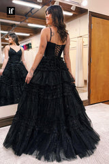 35024 - A-Line Spagnetti Straps V-Neck Tiered Tulle Long Prom Evening Gown