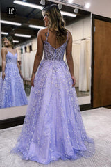 35026 - Stunning Straps V-Neck Lace Appliques Sleeveless A-Line Prom Dress
