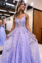 35026 - Stunning Straps V-Neck Lace Appliques Sleeveless A-Line Prom Dress