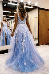 35027 - Charming High Slit  Lace Appliques V-Neck Sleeveless Prom Dress with Pockets
