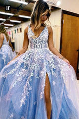 35027 - Charming High Slit  Lace Appliques V-Neck Sleeveless Prom Dress with Pockets