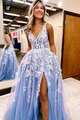 35027 - Charming High Slit  Lace Appliques V-Neck Sleeveless Prom Dress with Pockets