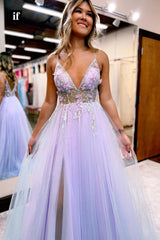 35028 - Elegant Spaghetti Straps V-Neck Tulle Appliques Side Slit Prom Dress