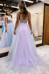 35028 - Elegant Spaghetti Straps V-Neck Tulle Appliques Side Slit Prom Dress
