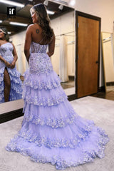 35030 - Sloping Shoulder Appliques High Slit Sleeveless Long Prom Dress with Train
