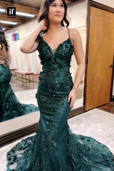 35037 - Stunning V-Neck Lace Appliques Mermaid Long Evening Prom Dress