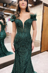 35040 - Mermaid Strapless V-Neck Appliques Feathers Long Evening Prom Dress