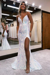 35041 - Mermaid/Trumpet V-Neck Appliques Sleeveless Evening Prom Dress with Split