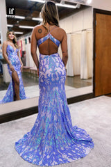 35041 - Mermaid/Trumpet V-Neck Appliques Sleeveless Evening Prom Dress with Split