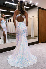 35041 - Mermaid/Trumpet V-Neck Appliques Sleeveless Evening Prom Dress with Split
