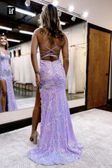35047 - Classy Mermaid Sequins Appliques Side Split V-Neck Evening Prom Dress