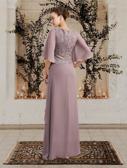 Mother of the Bride Dress Plus Size Elegant Floor Length Chiffon Lace Short Sleeve with Ruffles Appliques