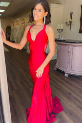 Mermaid V Neck Red Satin Long Prom Dresses