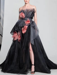 Aimishang A-Line Prom Dresses Vintage Dress Prom Birthday Sweep / Brush Train Sleeveless Strapless Organza with Floral