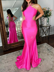Trumpet/Mermaid Halter Floor-Length Prom Dresses Pure Color Sexy
