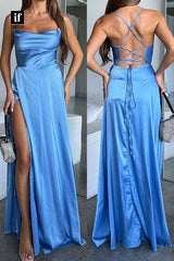 34477 - Spaghetti Straps Side Slit Scoop Sheath Prom Formal Bridesmaid Dress