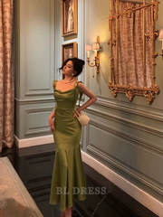 Mermaid Straps Green Satin Midi Length formal dresses Bridesmaid Dresses evening gown Prom Dress