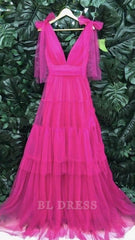 A line V Neckline Tulle Pink Long Layers formal dresses Bridesmaid Dresses evening gown Prom Dress