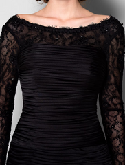 Mother of the Bride Dress Beautiful Back Lace Jersey Long Sleeve with Lace Ruched Beading