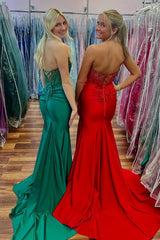 Mermaid Strapless Green Satin Long Prom Dresses