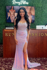 Mermaid Strapless Lilac Sequins Long Prom Dresses