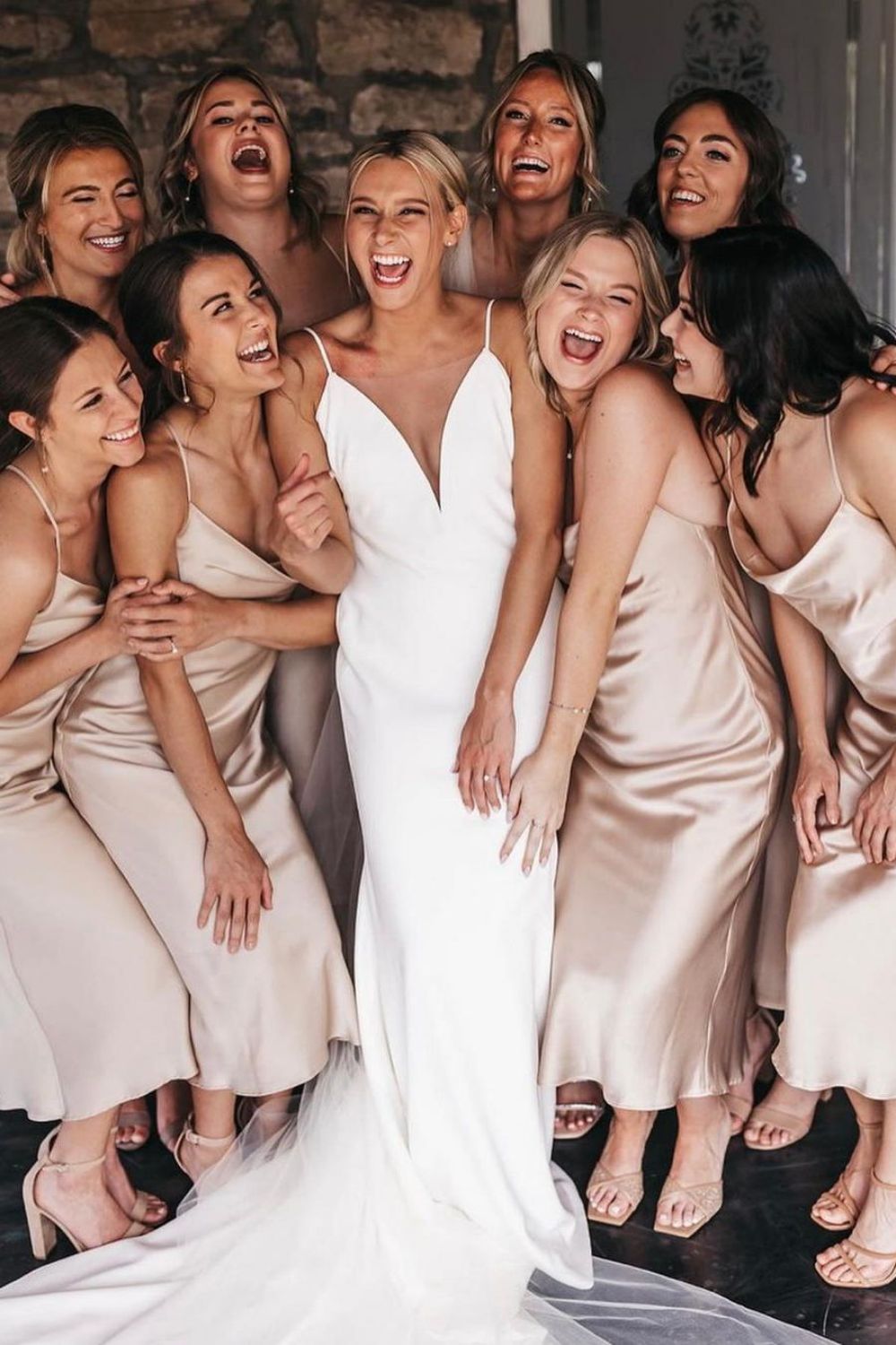 Weitese Simple Spaghetti Straps Champagne Tea Length Bridesmaid Dress