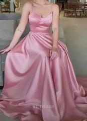 A Line Simple Spaghetti Straps Sleeveless Pink Satin formal dresses Bridesmaid Dresses evening gown Prom Dress