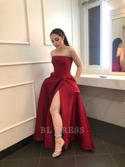 A line Strapless Sleeveless Burgundy Slit Long formal dresses Bridesmaid Dresses evening gown Prom Dress