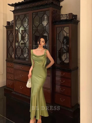 Mermaid Straps Green Satin Midi Length formal dresses Bridesmaid Dresses evening gown Prom Dress