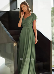 A-Line V-Neck Short Sleeves Chiffon Pleated Guest Dresses Mother of the Bride Dresse