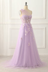 One Shoulder A-Line Tulle Lavender Prom Dress With Appliques Long