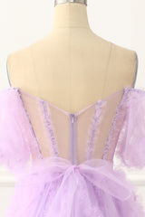 Off The Shoulder A-Line Tulle Lavender Prom Dress Long