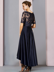 A-Line Mother of the Bride Dress Wedding Guest Elegant High Low Scoop Neck Asymmetrical Satin Lace Short Sleeve with Bow(s) Pleats Appliques