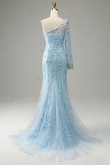 Sky Blue One Shoulder Mermaid Prom Dress With Appliques Sexy