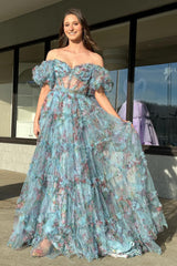 A Line Pink Green Flower Strapless Corset Tulle Long Prom Dress Off Shoulder