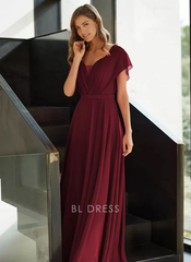 A-Line V-Neck Short Sleeves Chiffon Pleated Guest Dresses Mother of the Bride Dresse