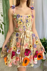 3D Floral Lace Square Neck Sleeveless Short Party Dresses, CP1015