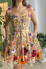 3D Floral Lace Square Neck Sleeveless Short Party Dresses, CP1015