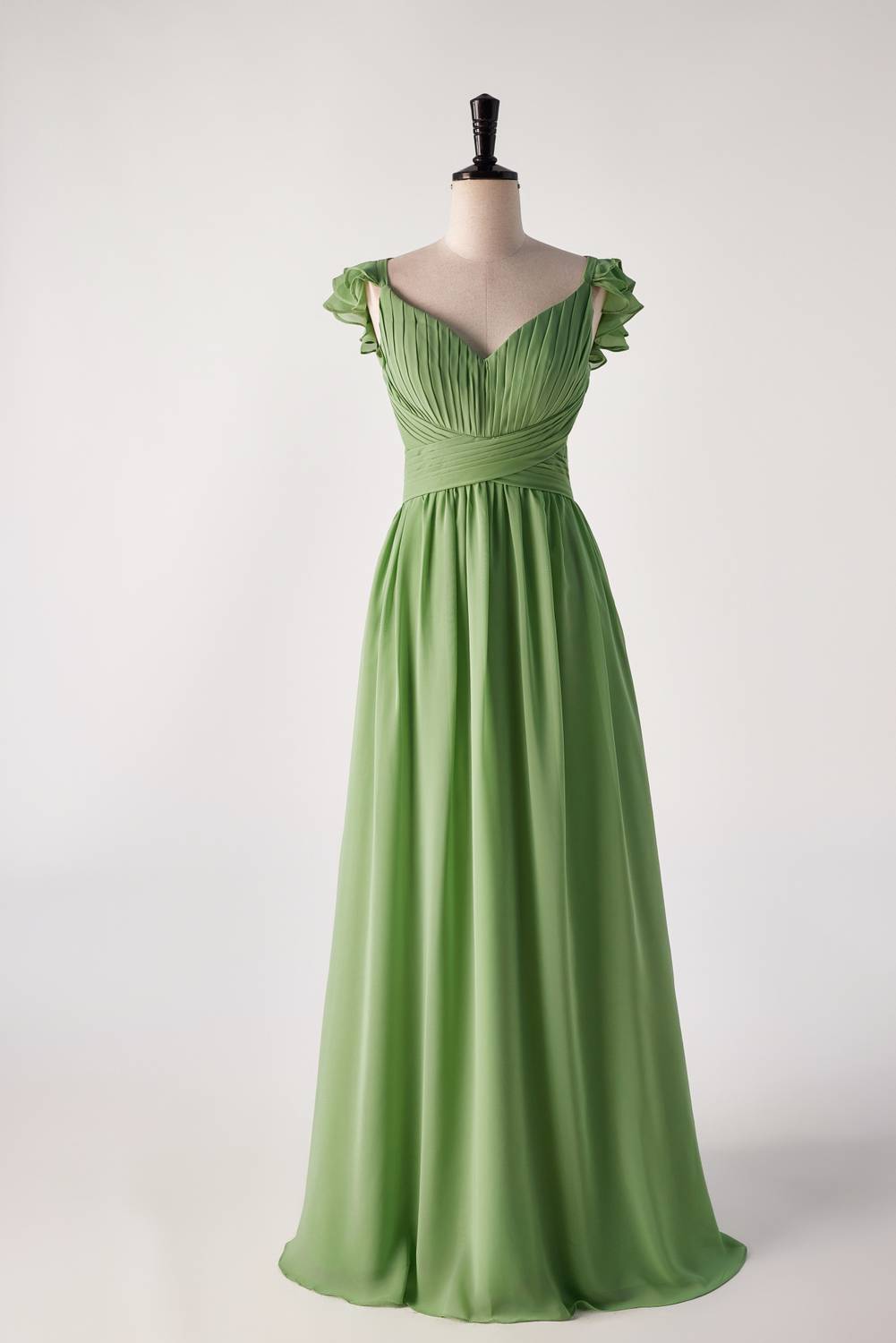 Flare riemen matcha groene lange bruidsmeisje jurk