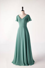 Flare mouwen eucalyptus chiffon lange bruidsmeisje jurk